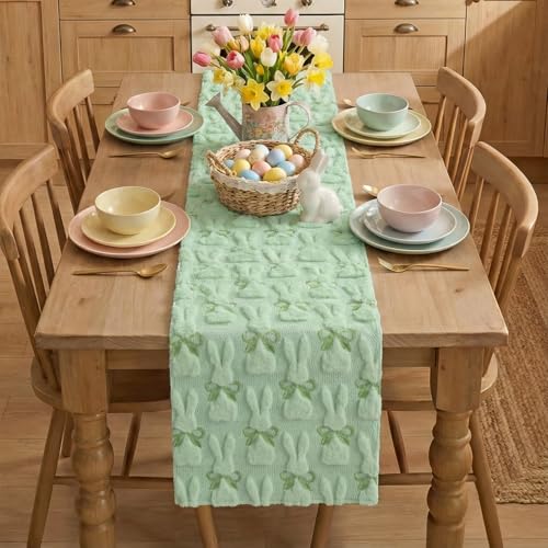 Artoid Mode Sage Green Faux Fur Jacquard Bunny Bow Table Runner 13x72 Inch for Easter & Spring Decor