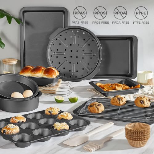 HONGBAKE Dark Gray 12-Piece Bakeware Set with Nonstick Pans & Muffin Liners