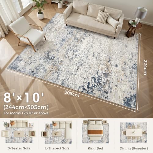 8x10 Beige Blue Abstract Washable Area Rug for Living Room, Non-Slip, Soft Polyester