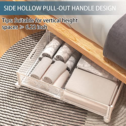 White Under Bed Storage Containers with Wheels - Foldable Closet Organizer for Clothes, Shoes & Blankets - 2 Pack