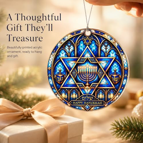 NELXI HappyHanukkahOrnament: Stained Glass Round Blue & Gold Acrylic Ornament - 4in