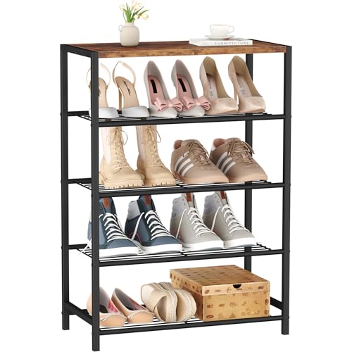 HOMEFORT Rustic Brown 5-Tier Shoe Rack with MDF Top Shelf, Fits 3 Pairs per Tier - Entryway Organizer, Compact Storage Shelf (11.8"D x 23.23"W x 32.68"H)