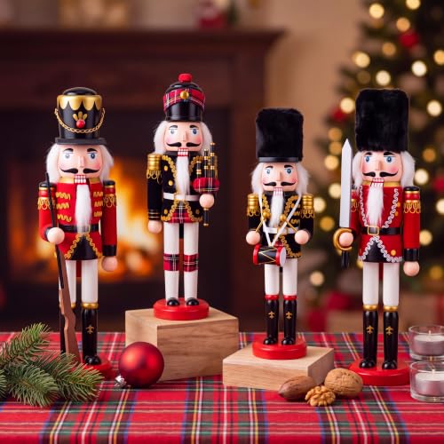 Huwena 4 Pack 12-Inch Red & Black Nutcracker Figurines - Christmas Decor