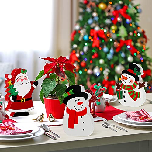 Yookeer 3 Pieces Christmas Table Centerpiece Decor for Tiered Tray Christmas Wooden Snowman Table Signs Santa Xmas Tabletop Centerpiece Decorations for Shelf Display Home Room Desk