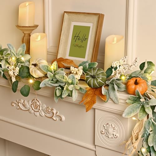 Green Fall Garland with Lights - 6 Ft Eucalyptus & Pumpkin Decor Set - 2 Pcs