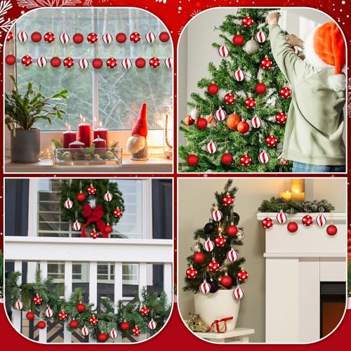 Lenwen 54pcs Red & White Christmas Ornaments Candy Dot & Stripe Mini Balls 1.18"