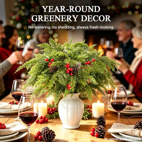 Joyido 24PCS Red & Green Christmas Cedar Branches with Pine Cones & Berries