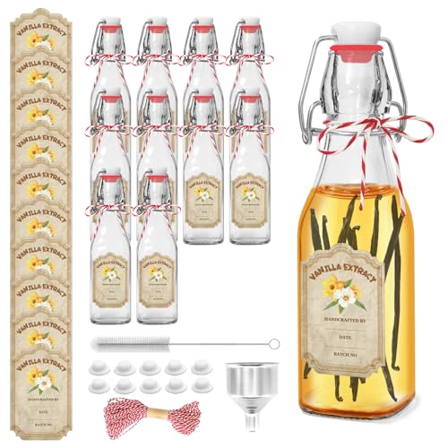 NVioAsport Square 8oz Glass Vanilla Extract Bottles 10 Pack with Lids & Funnel