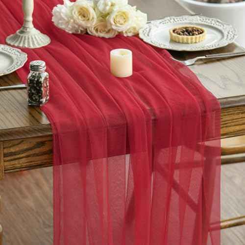 Artoid Mode Red Gauze Table Runner 120 Inch 10FT, Seasonal Sheer Kitchen Dining Holiday Wedding Birthday Baby Shower Table Decor for Home Party