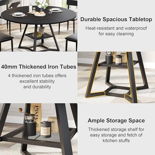 Black 51-Inch Round Dining Table with Pedestal & Storage Shelf - Space Saving Industrial Kitchen & Dining Room Furniture