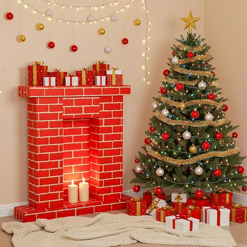 Fullhawl Bright Red Christmas Cardboard Fireplace 3D Brick Photo Backdrop, 35.5x29x8 in