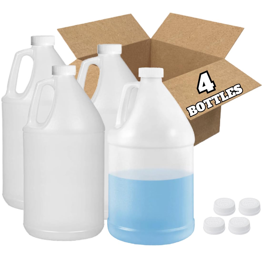 AGS 1 Gallon Bottle (4-Pack) with Caps, Empty Plastic Jugs, Jug Container with Lid, Plastic Containers for Liquids Gallon Water Jug, HDPE Container, Carboy Gallons