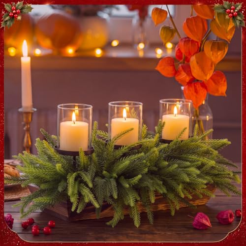 Suttmin Norfolk Pine Stems Christmas Candle Holder Centerpiece with Metal Candle Column, Wooden Base & Glass Covers