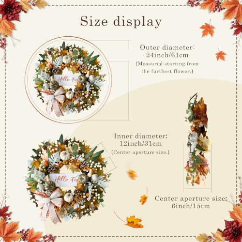 24-Inch Fall Wreath with Lights & Timer for Front Door - Farmhouse Decor
