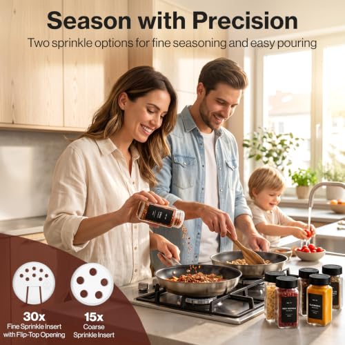 Glass Spice Jars with Labels and Black Steel Lids - 36 Pack, Space Saving Seasoning Storage
