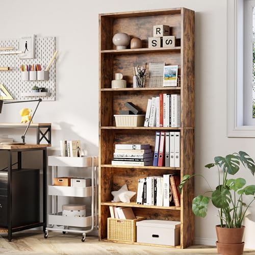 IRONCK Vintage Brown Industrial Bookshelf - 6 Shelf Floor Standing Bookcase for Home Office & Living Room