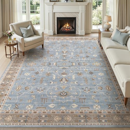 Blue and Brown 8x10 Washable Vintage Area Rug - Pet Safe, Non-Slip, Easy-Care