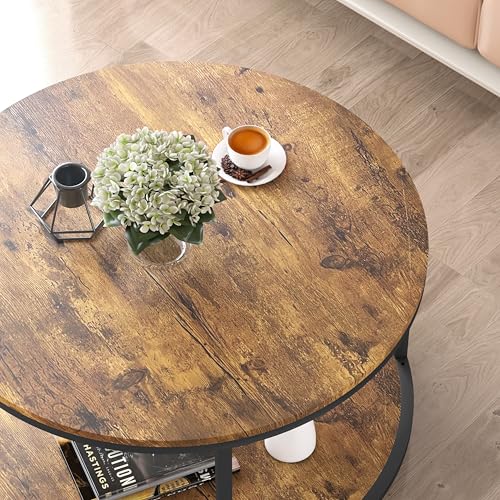 NSdirect Small Round Coffee Table 27.6-Inch 2-Tier Rustic Wood Home Furniture Brown Variation