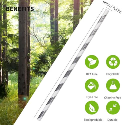 WaBaHa Solid Silver & White Striped Paper Drinking Straws, 100 Pack, Biodegradable, 7.75"
