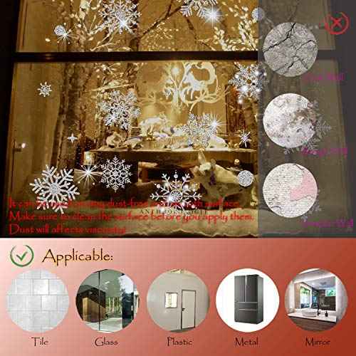 Glitter Snowflake Window Clings Christmas Window Decals for Glass Winter Xmas Navidad Decorations 190 Pcs (Sliver)