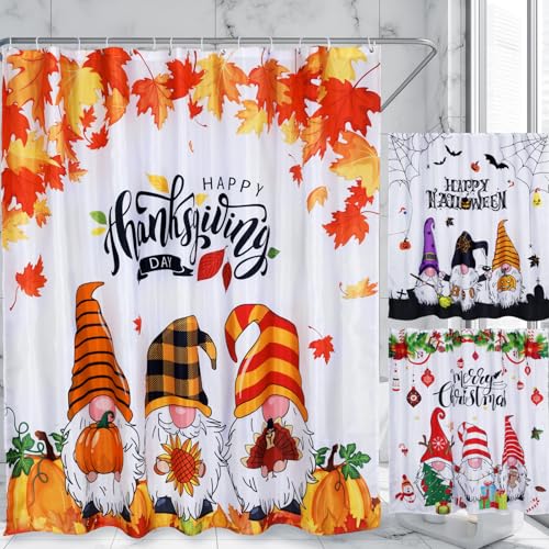 Preboun 3-Pack Thanksgiving Halloween Christmas Shower Curtain Set 71x71 in