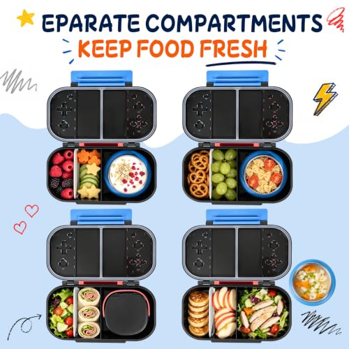 Kids Lunch Box with Thermo Container & Game Design - Blue-Red