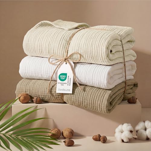 Bedsure King Size Cotton Muslin Blanket 4-Layer Light Brown 108x90 inches