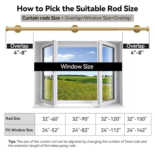 Gold Adjustable Curtain Rods 32-120 Inch Heavy Duty Metal Window Treatment