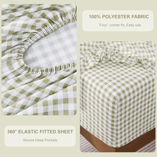 Kisswish Sage Green Gingham Queen Bed Sheet Set with Ruffle Edges, Microfiber, Deep Pocket