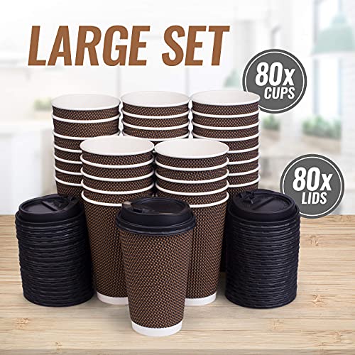 Brown Disposable Coffee Cups with Lids 16 oz - Ripple Insulated Paper Cups, 80 Pack