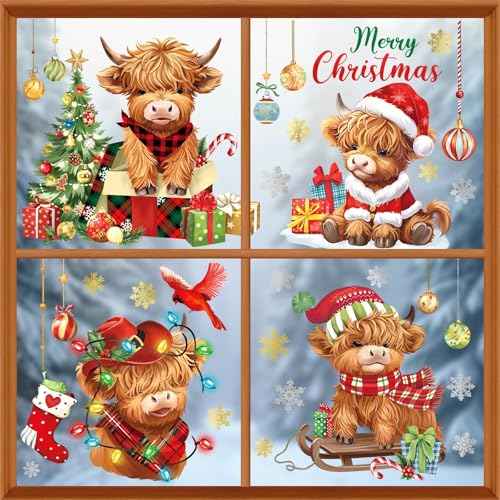 decalmile Merry Christmas Highland Cow Double Sided Window Clings Reusable Xmas Tree Gifts Snowflake Anti-Collision Glass Doors Window Stickers Decals