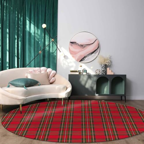 LooPoP 6ft Christmas Round Area Rug Red Green Plaid Non-Slip Indoor Outdoor Decor