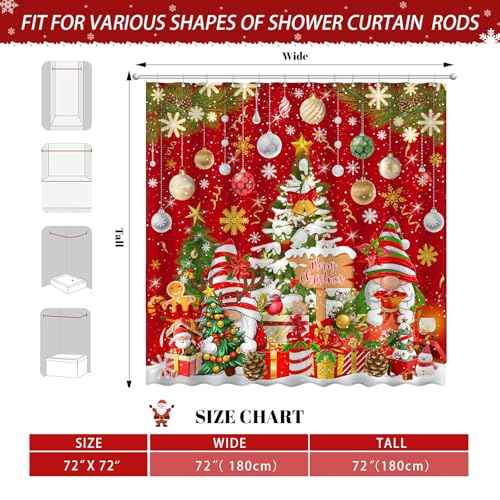 Merry Christmas Gnome Shower Curtain, Winter Xmas Tree Snow Home Holiday Bathroom Decor, Polyester Cloth Fabric Bath Curtain with 12 Hooks 72" W x 72" L Red
