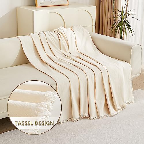 Chenille Sofa Cover 91x150 Inches with Tassel Edges for Sectional L-Shaped Couches - Beige