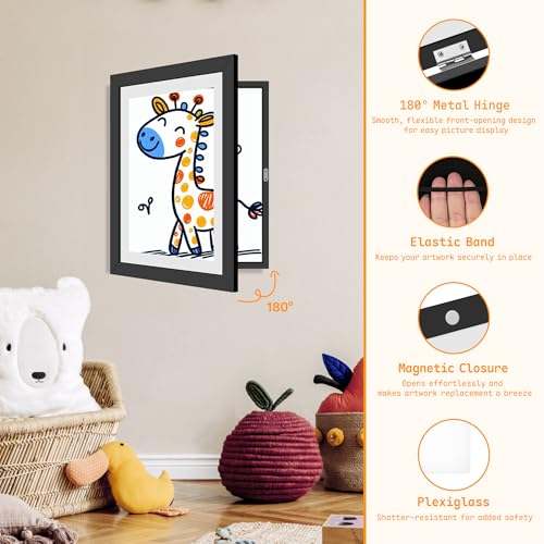 Kids Artwork Frames Set of 4, 8.5x11 Inch Changeable Picture Display, Black - Front-Opening Craft Storage