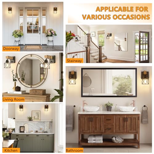 Dimmable Wall Sconces Set of Two with Rotary Switch, Black Farmhouse Bathroom & Bedroom Light Fixtures