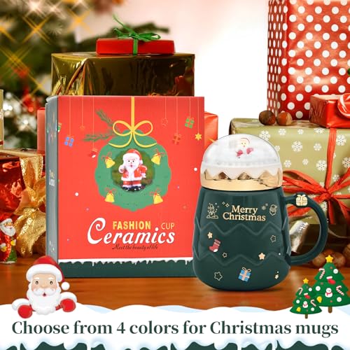 Peclek Green 17.6 oz Christmas Mug with Snow Globe Lid - Festive Ceramic Coffee Cup