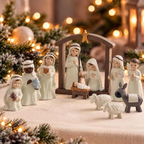 S/12 Nativity Set - Cream Resin Holy Family Christmas Figurines Collection