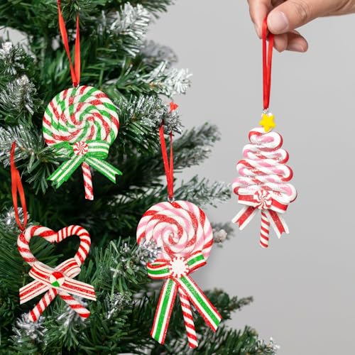 10Pcs Christmas Candy Cane Ornaments for Tree Decorations - Polymer Clay Glitter Lollipop Candy Cane for Holiday Party Home Decor