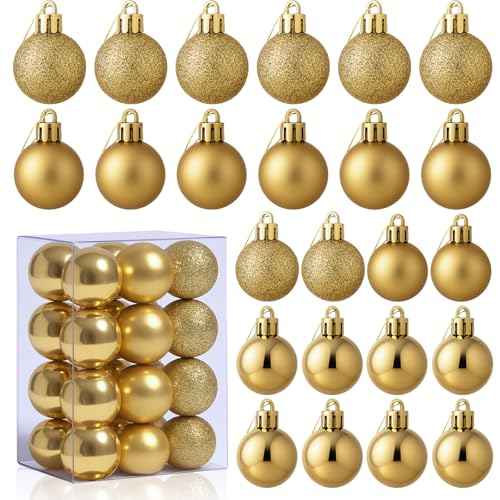 24 Pack Mini Shatterproof Christmas Balls - Small Hanging Ornaments for Trees Christmas Party Decorations, 1.2 Inch (Gold)