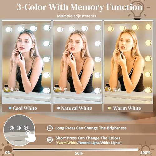 ZazaFi White Hollywood Vanity Mirror with Lights, 15 Bulbs, 3 Color Options, 23" x 18" with USB Charging Port