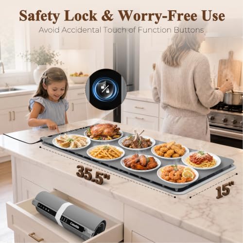 Electric Food Warming Mat with Heat-Resistant Pad - XL 15x35.5 Inches Gray - Preset & Adjustable Temperature