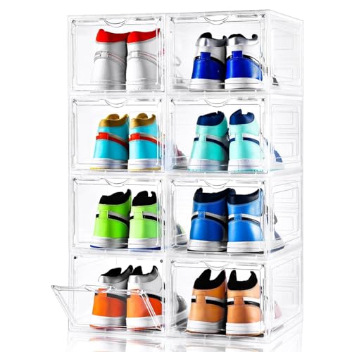 XL Large Shoe Storage Box 8 Pack Clear Stackable Drop Front Shoe Organizer - US Size 12