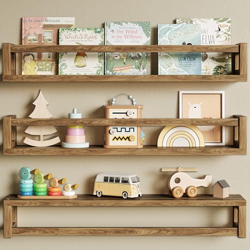 Nursery Wall Book Shelves - Solid Wood Floating Shelves in Walnut Brown, 23.6 Inch - Set of 3
