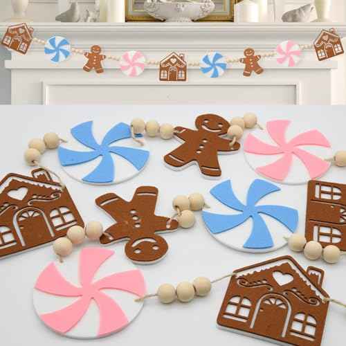 Pink Gingerbread Christmas Decorations- Pastel Candyland Christmas Decorations Candy Garland with Felt Gingerbread House - Winter Party Decor Indoor