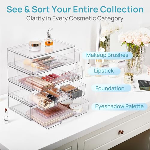 Stackable Clear Storage Drawers - 4 Pack Wide Plastic Organizers - Wide-4pack-Clear