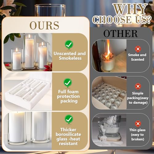 Homjoy 24 pcs Ivory White Pillar Candles with Glass Candle Holders - Elegant Wedding & Home Decor Set