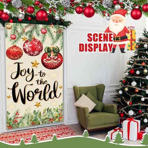 Merry Christmas Joy to The World Door Cover Xmas Balls Decorations Pine Cone Christmas Backdrop Banner Holiday in July Background Banner for Front Door Xmas Party Decor