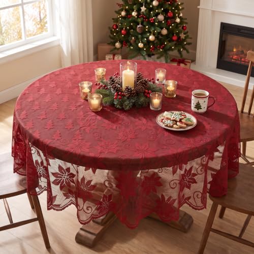 Horaldaily Christmas Lace Round Table Cloth 60x60 Inch Red - Holiday Decor