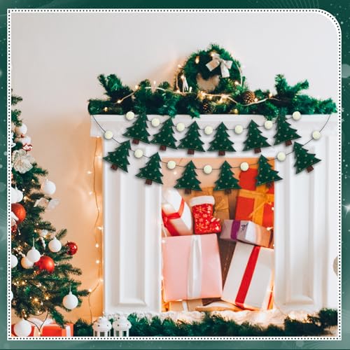 Christmas Garland with Felt Green Pine Trees & Wool Pompoms - 2 Pack